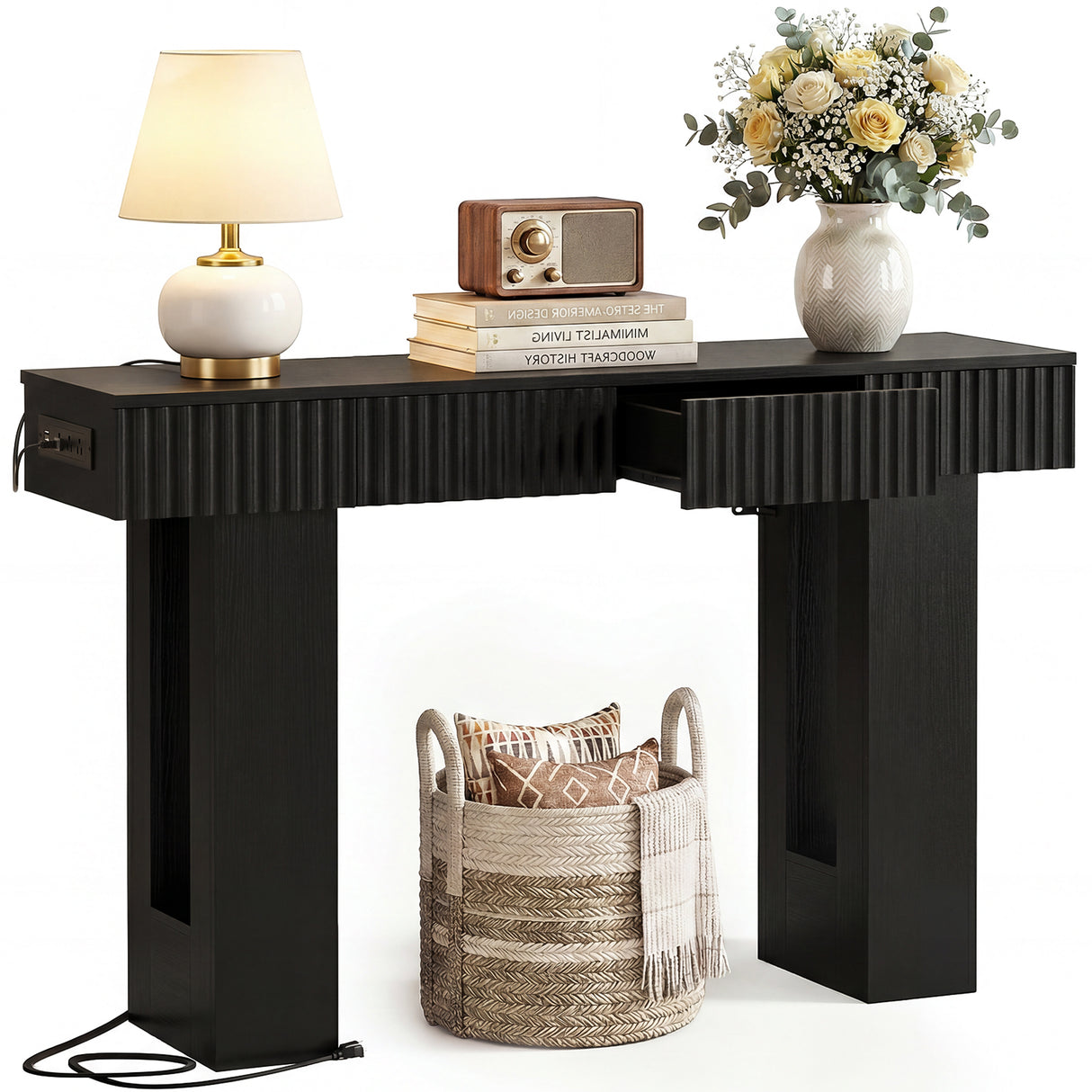 47" Console Table with 2 Drawers and Outlets W/ USB-C, Modern Fluted Entryway Table With Storage, Sofa Table Behind The Couch