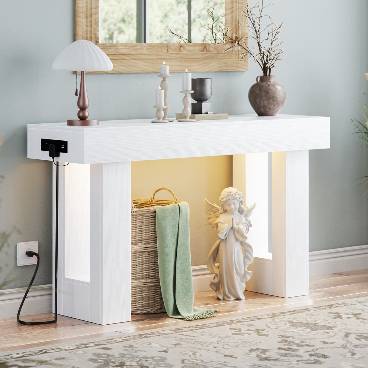 47" Entryway Table with Socket and Sensor Light, Narrow Console Table with Storage Behind Couch, Farmhouse Entry Way Tables with Open Storage for Entrance/Hallway/Living Room