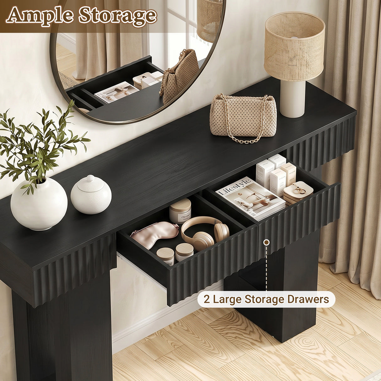 47" Console Table with 2 Drawers and Outlets W/ USB-C, Modern Fluted Entryway Table With Storage, Sofa Table Behind The Couch