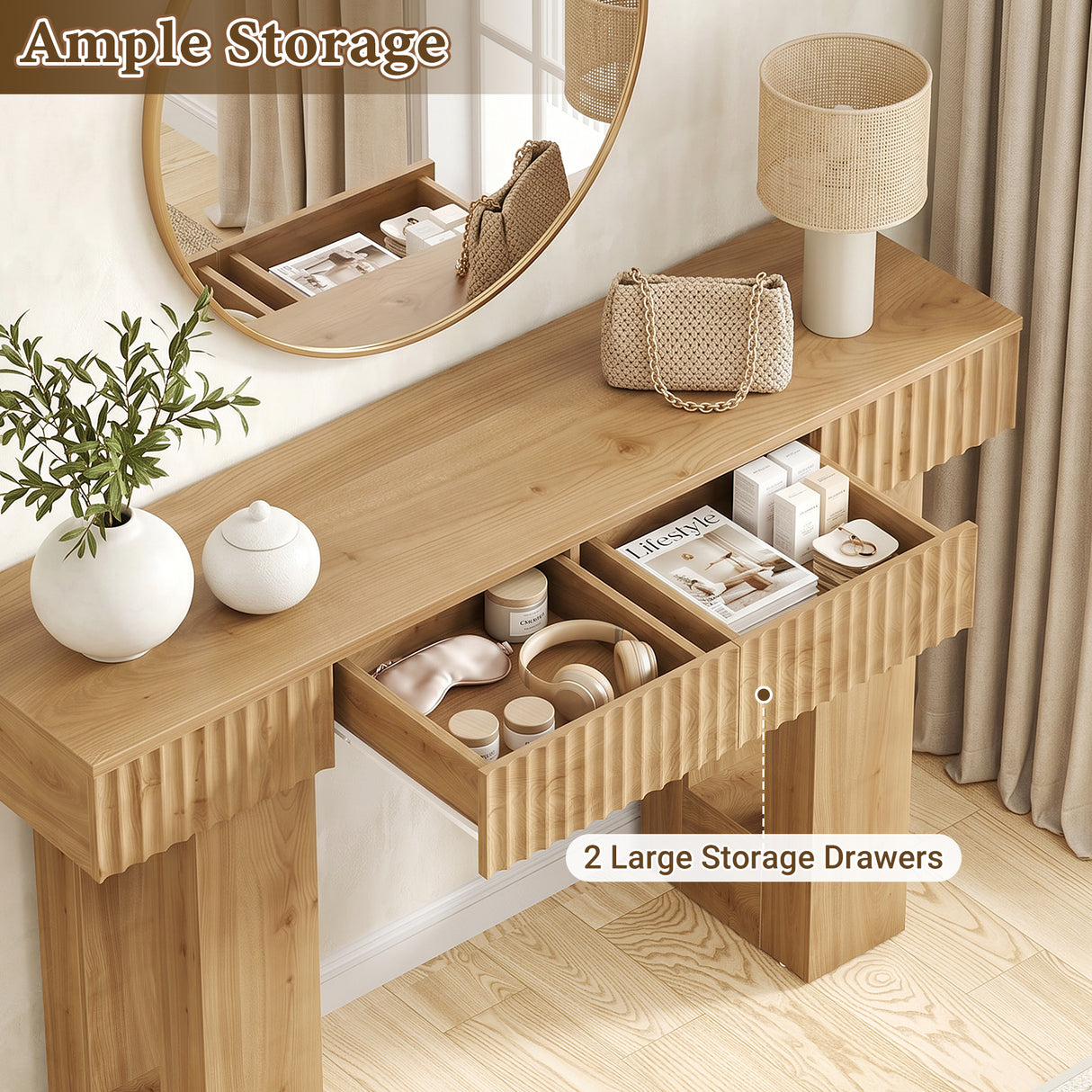 47" Console Table with 2 Drawers and Outlets W/ USB-C, Modern Fluted Entryway Table With Storage, Sofa Table Behind The Couch