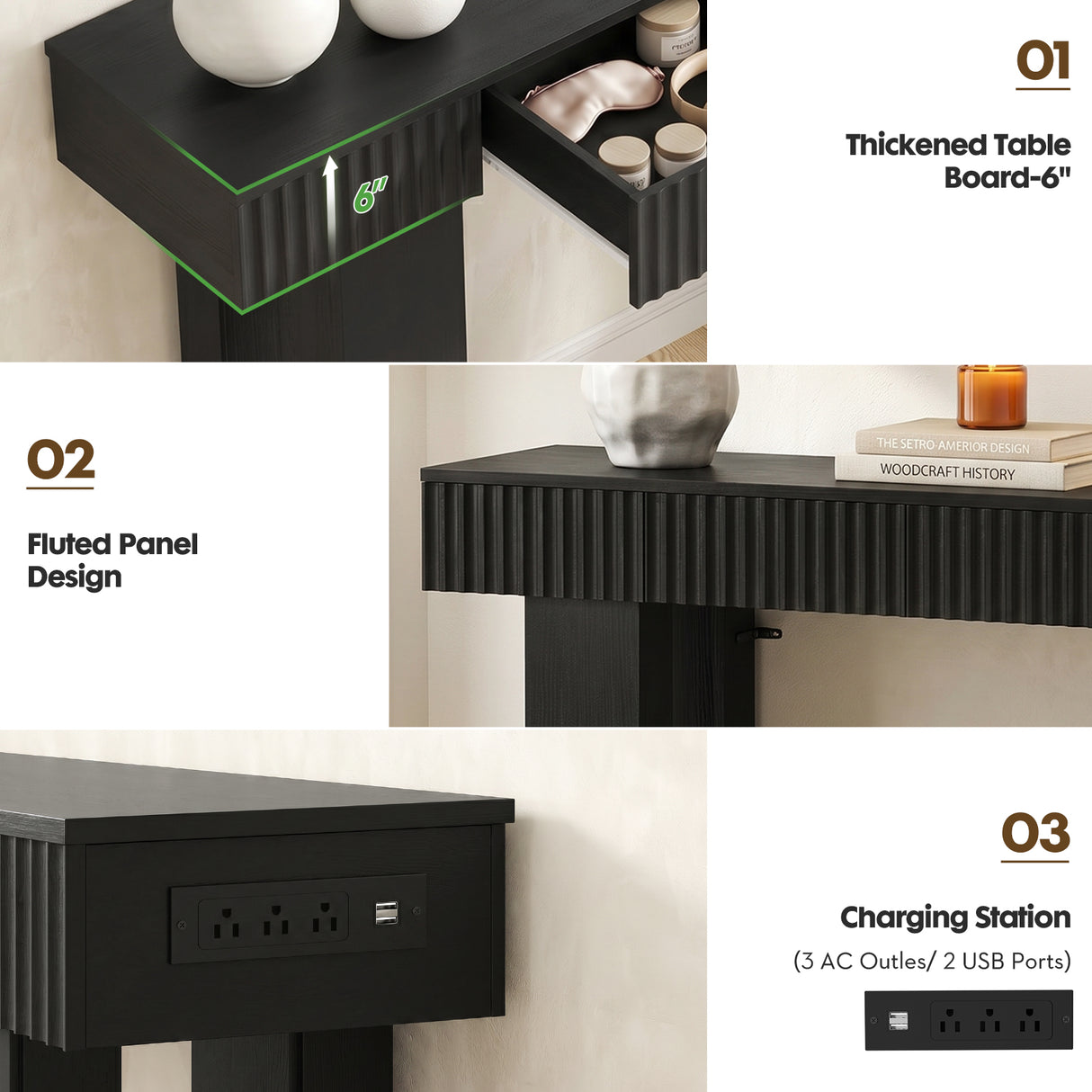 47" Console Table with 2 Drawers and Outlets W/ USB-C, Modern Fluted Entryway Table With Storage, Sofa Table Behind The Couch