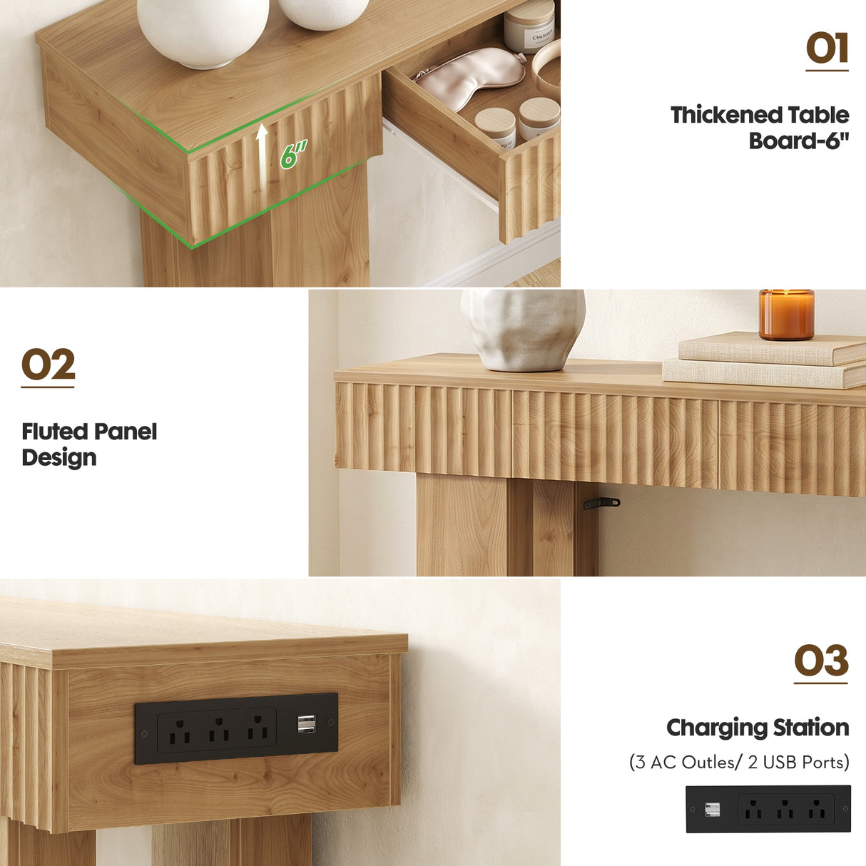 47" Console Table with 2 Drawers and Outlets W/ USB-C, Modern Fluted Entryway Table With Storage, Sofa Table Behind The Couch