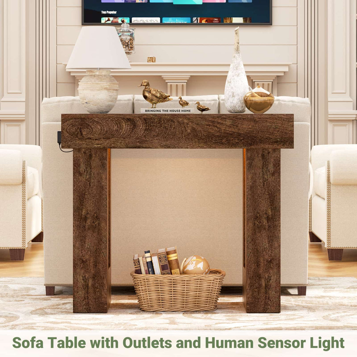 39'' Farmhouse Console Table with Power Outlet and Sensor Light