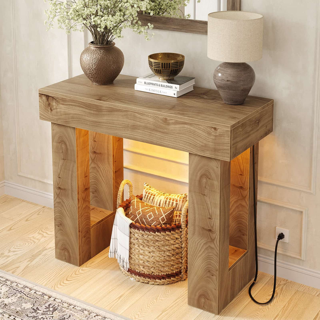 39'' Farmhouse Console Table with Power Outlet and Sensor Light