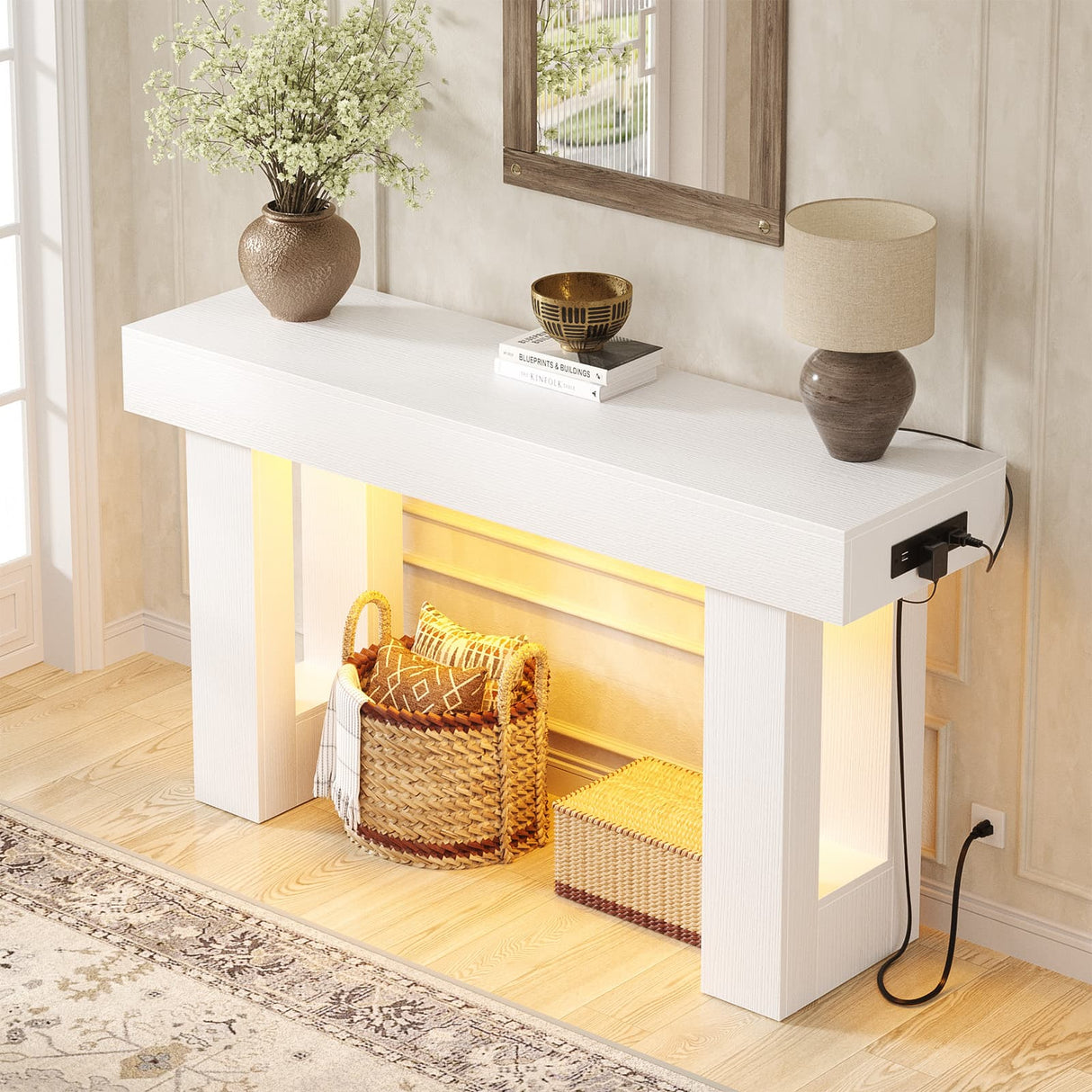 47" Entryway Table with Socket and Sensor Light, Narrow Console Table with Storage Behind Couch, Farmhouse Entry Way Tables with Open Storage for Entrance/Hallway/Living Room