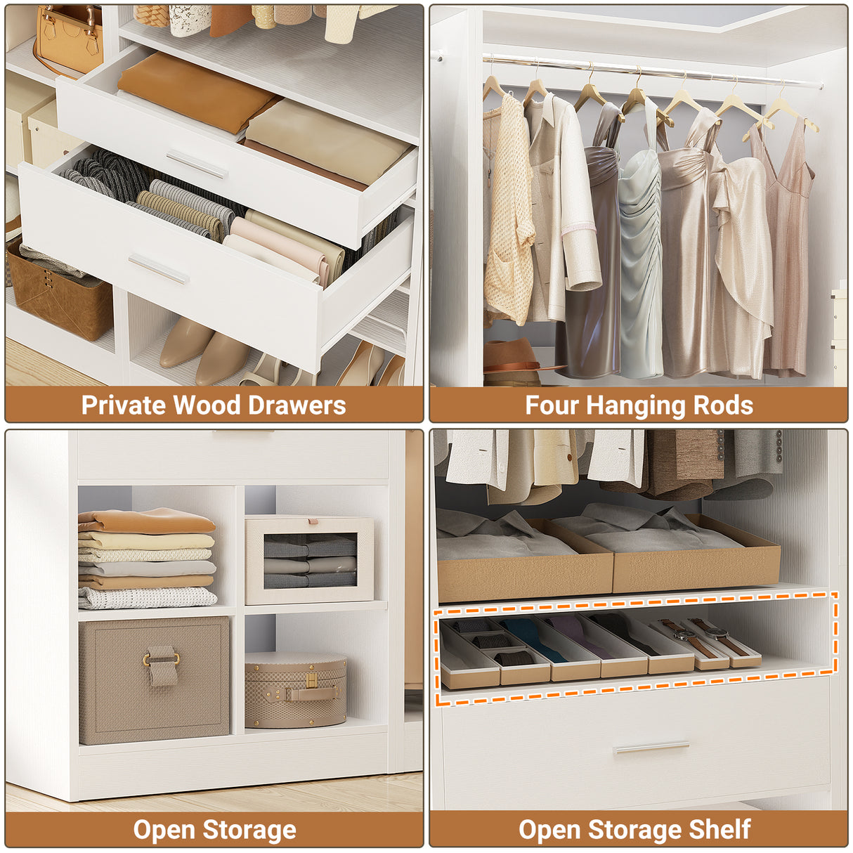 86" Corner Closet System, Modular Closets Organizer with 4 Hanging Rods & Corner Tower, Freestanding L-Shaped Walk-In Wardrobe Organizer, Set of 3 White
