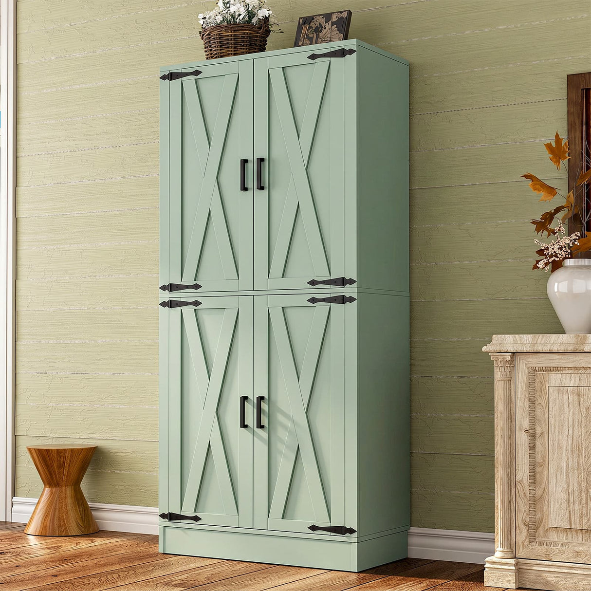 71" Tall Kitchen Pantry Storage Cabinet with Farmhouse Barn Doors and Storage Drawer