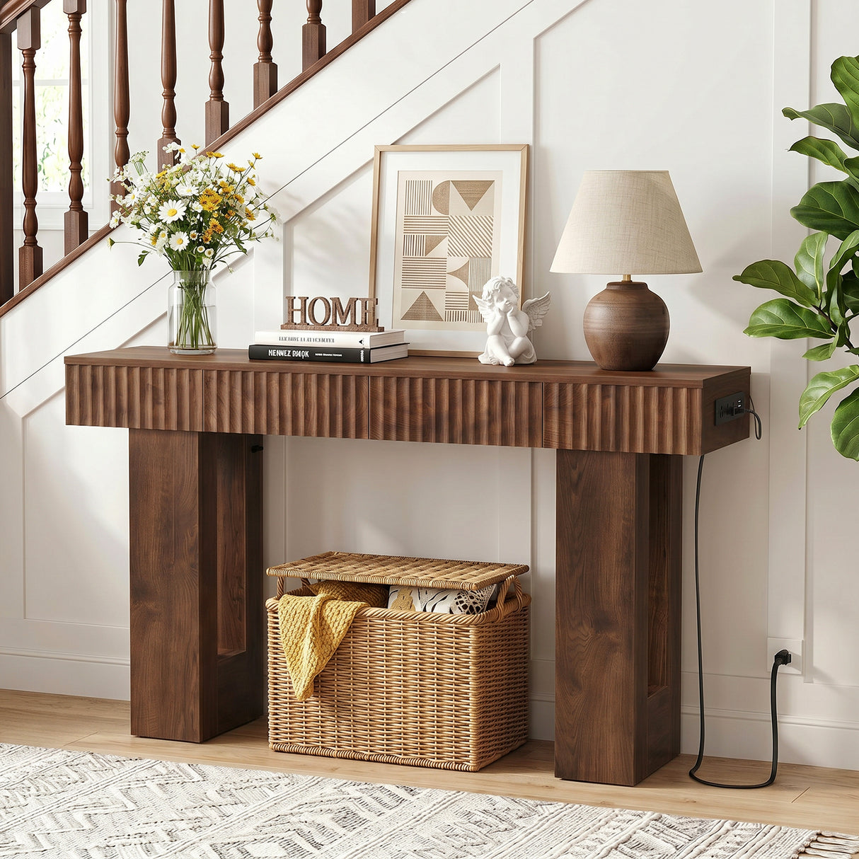 47" Console Table with 2 Drawers and Outlets W/ USB-C, Modern Fluted Entryway Table With Storage, Sofa Table Behind The Couch
