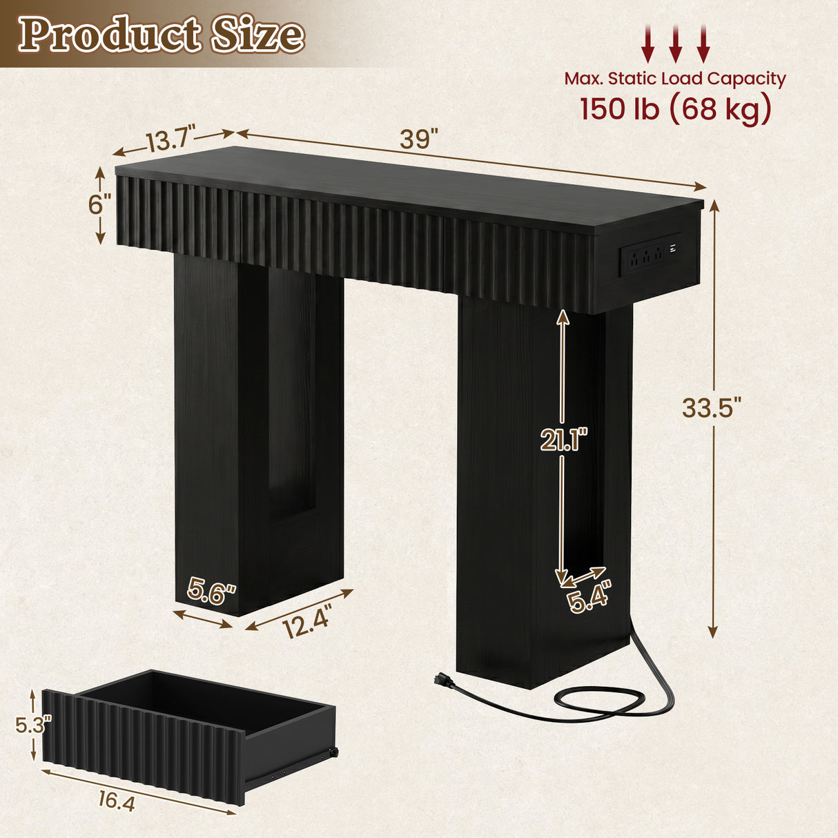 39" Console Table with Drawer and Outlets W/ USB-C, Modern Fluted Entryway Table With Storage, Sofa Table Behind The Couch