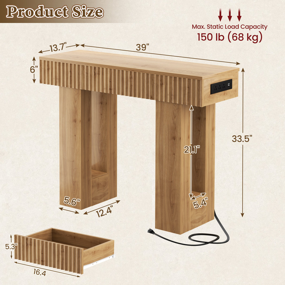 39" Console Table with Drawer and Outlets W/ USB-C, Modern Fluted Entryway Table With Storage, Sofa Table Behind The Couch