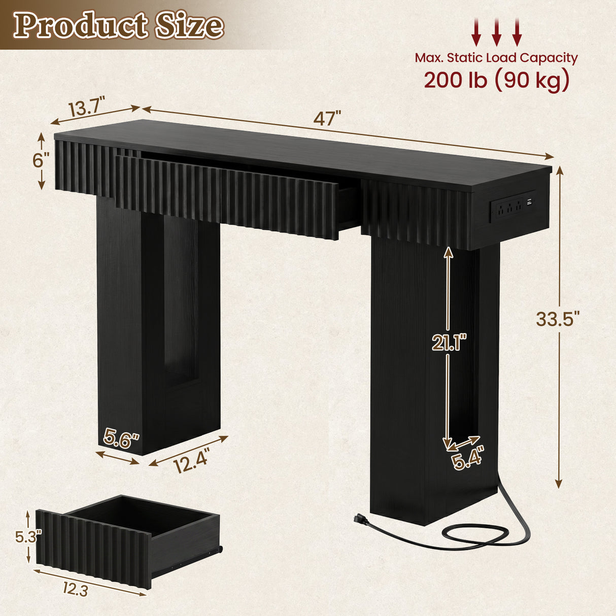47" Console Table with 2 Drawers and Outlets W/ USB-C, Modern Fluted Entryway Table With Storage, Sofa Table Behind The Couch