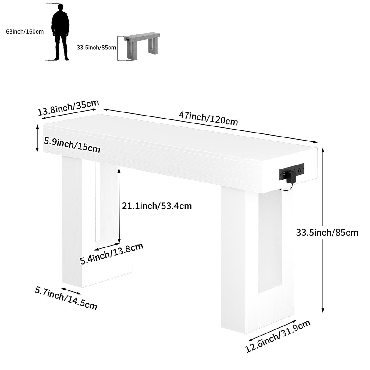 47" Entryway Table with Socket and Sensor Light, Narrow Console Table with Storage Behind Couch, Farmhouse Entry Way Tables with Open Storage for Entrance/Hallway/Living Room