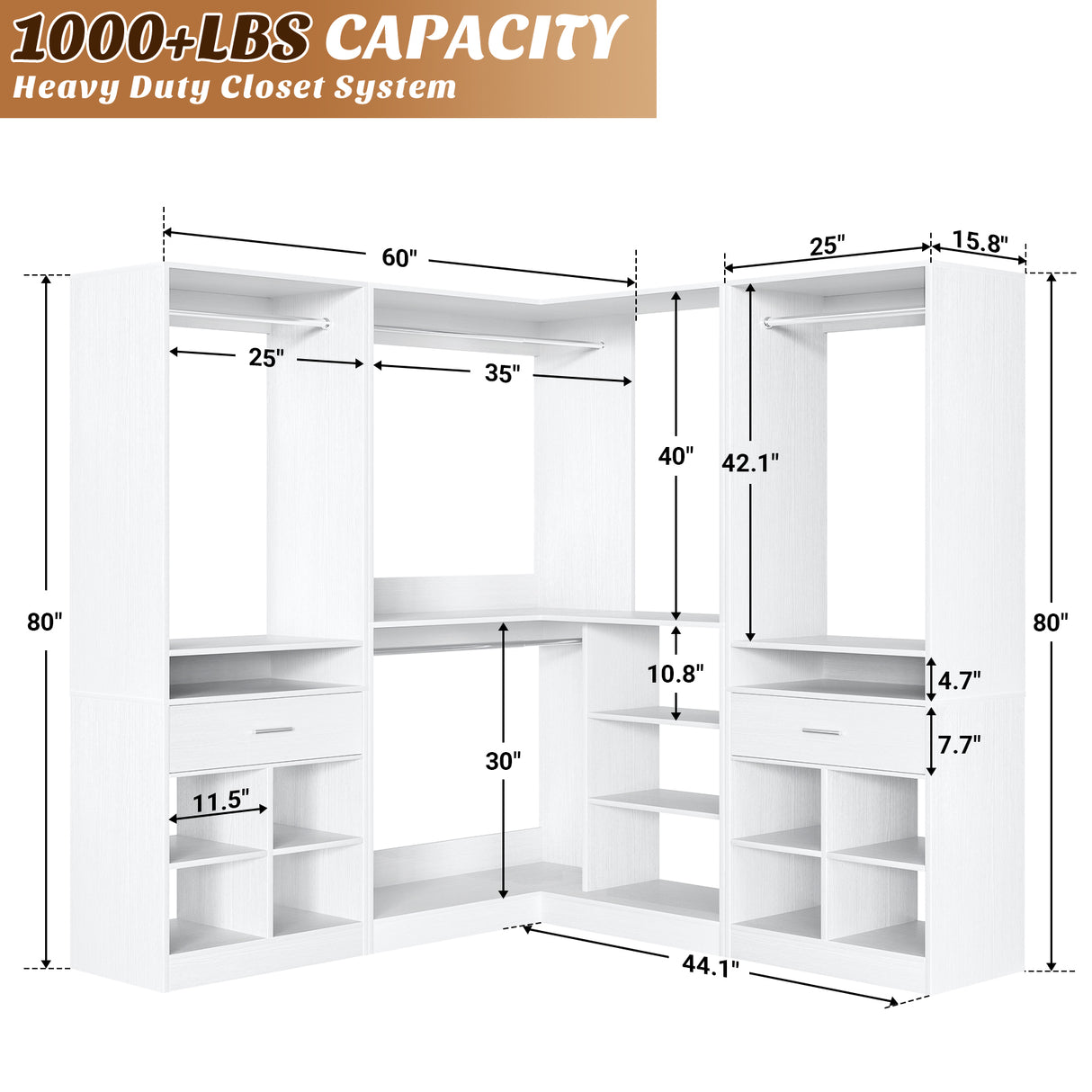 86" Corner Closet System, Modular Closets Organizer with 4 Hanging Rods & Corner Tower, Freestanding L-Shaped Walk-In Wardrobe Organizer, Set of 3 White
