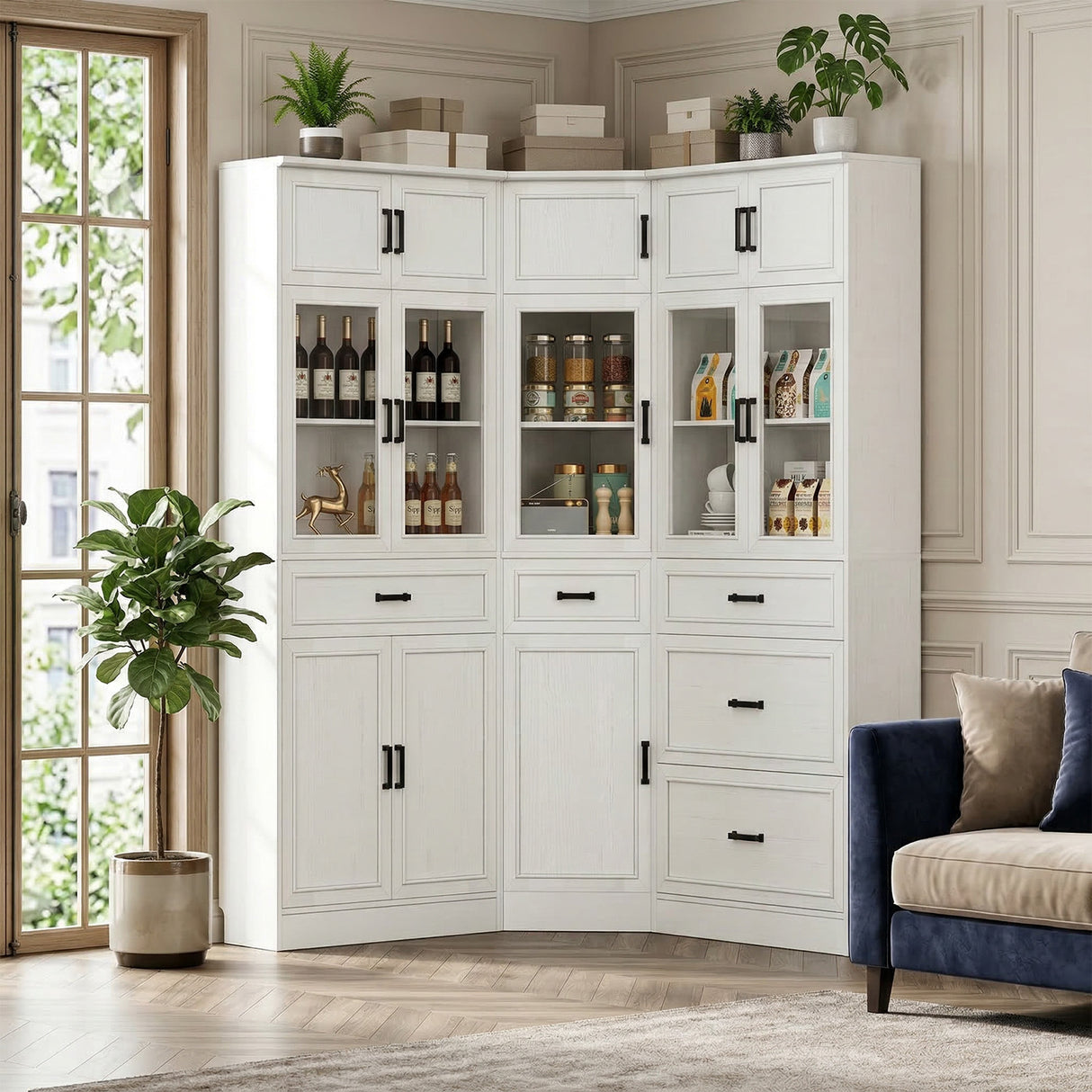 80" Tall Corner Pantry Cabinet with Adjustable Shelves, Tempered Glass Doors, Large Display Bookcase for Living Room, Dining Room, Home Office, Off White