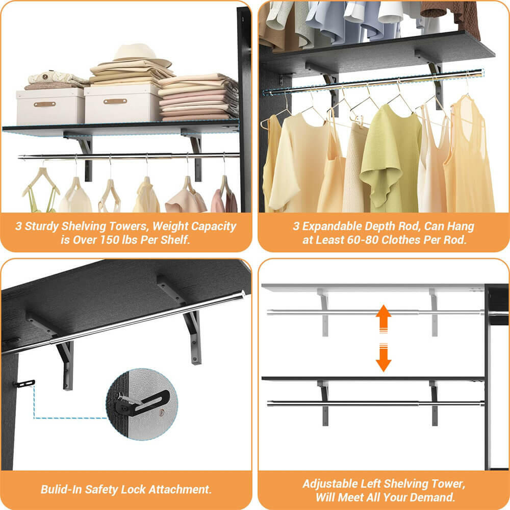 96'' Closet System with 5 Shelves & 3 Ajustable Shelf Towers