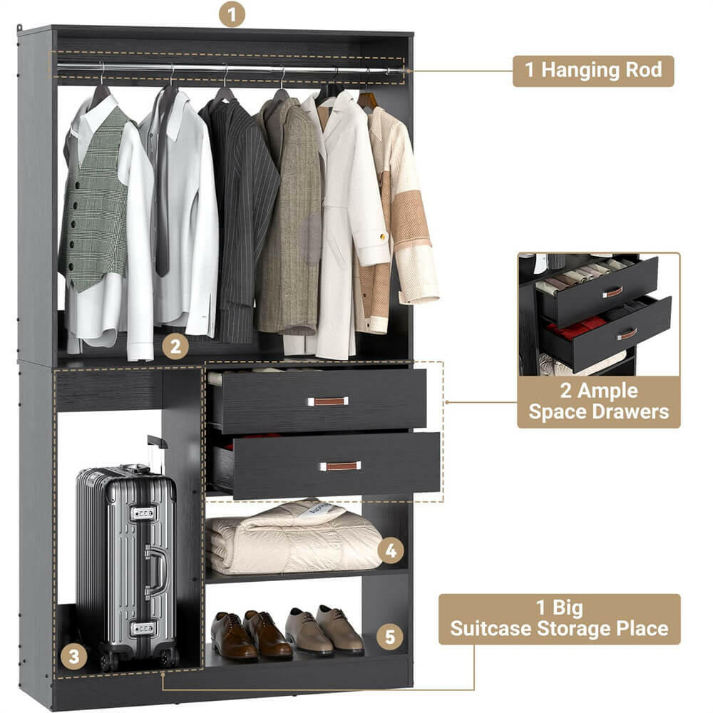 Unikito Freestanding Closet System with Suitcase Storage, 40 Inches Stand-Alone Wardrobe with 2 Wood Drawers, 80'' Height Adjustable Cloth Garment Rack, Walk-in Closet with Hanging Rod