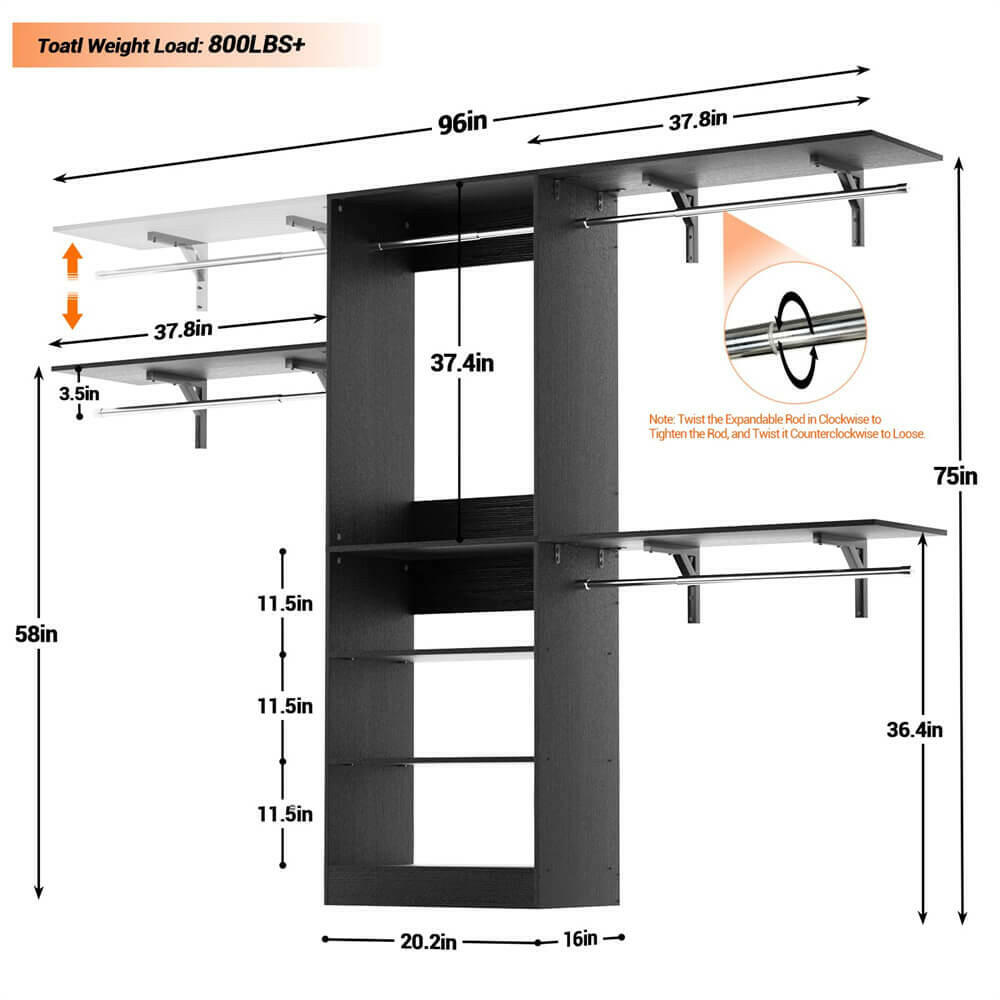 96'' Closet System with 5 Shelves & 3 Ajustable Shelf Towers