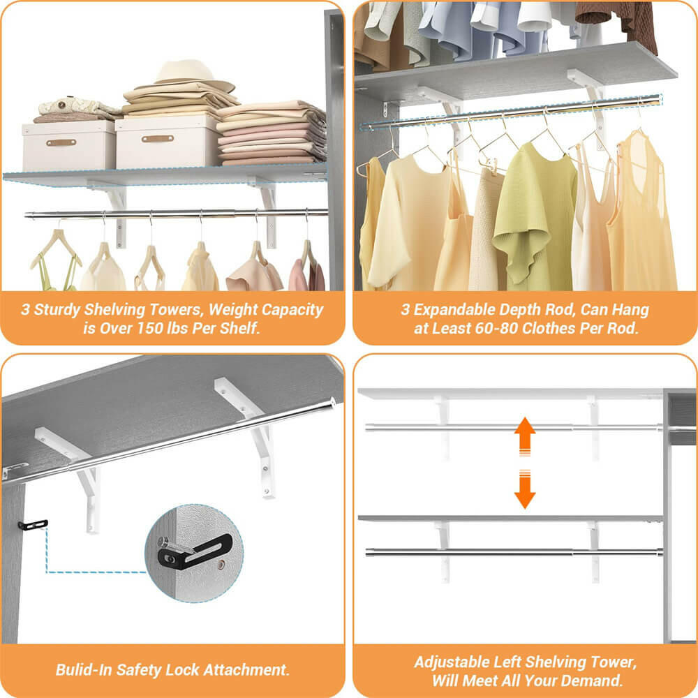 96'' Closet System with 5 Shelves & 3 Ajustable Shelf Towers