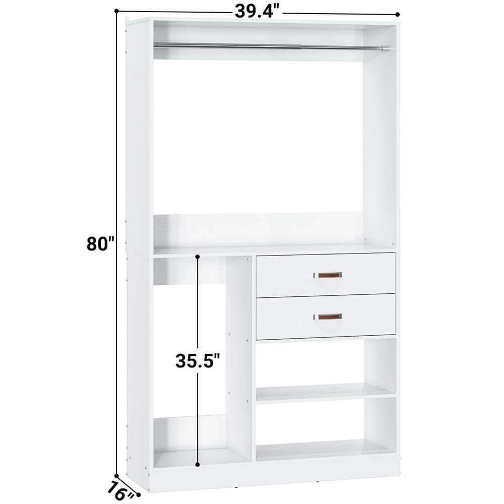 Unikito Freestanding Closet System with Suitcase Storage, 40 Inches Stand-Alone Wardrobe with 2 Wood Drawers, 80'' Height Adjustable Cloth Garment Rack, Walk-in Closet with Hanging Rod
