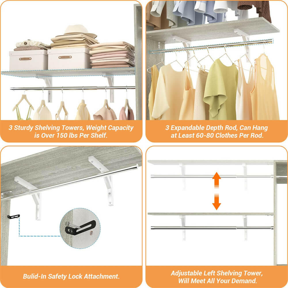 96'' Closet System with 5 Shelves & 3 Ajustable Shelf Towers