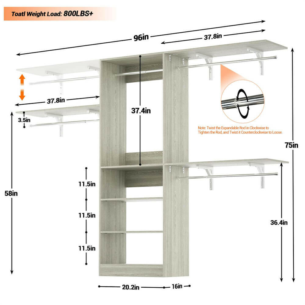 96'' Closet System with 5 Shelves & 3 Ajustable Shelf Towers