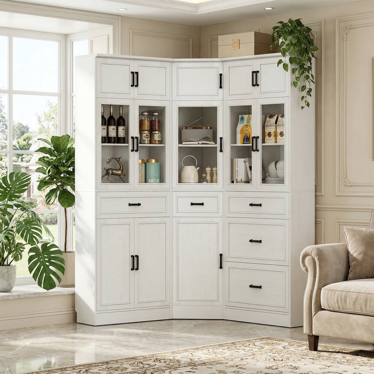 80" Tall Corner Pantry Cabinet with Adjustable Shelves, Tempered Glass Doors, Large Display Bookcase for Living Room, Dining Room, Home Office, Off White