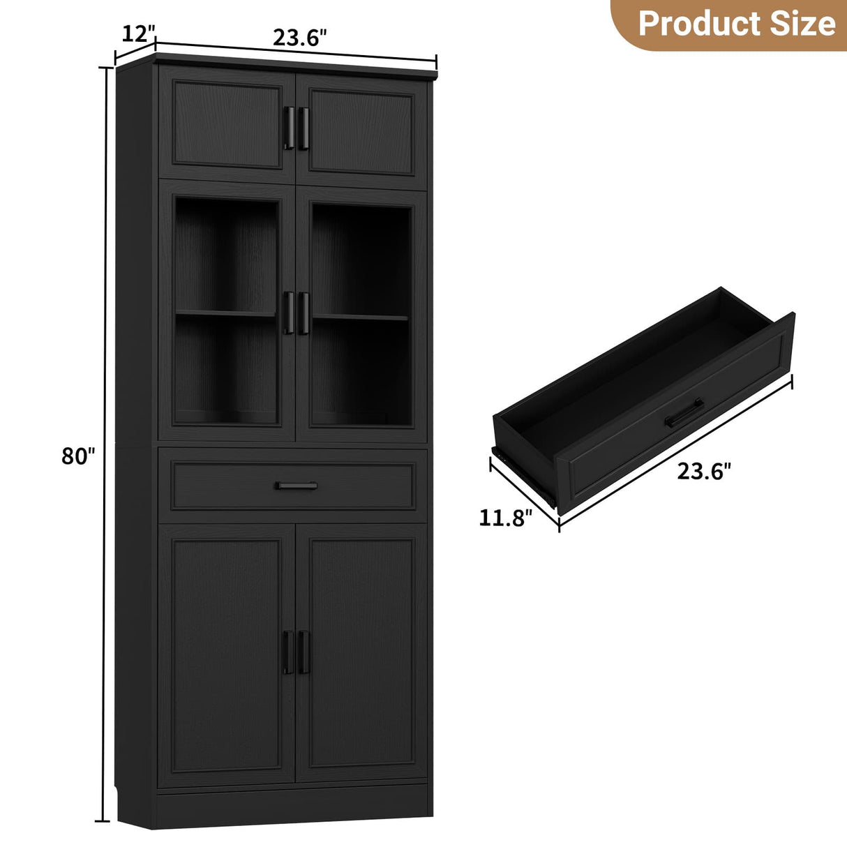 80" Kitchen Pantry Cabinet with Glass Doors and Drawer Organizer