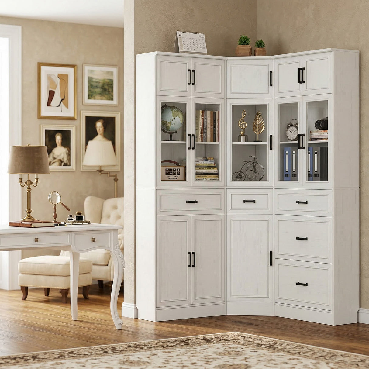 80" Tall Corner Pantry Cabinet with Adjustable Shelves, Tempered Glass Doors, Large Display Bookcase for Living Room, Dining Room, Home Office, Off White