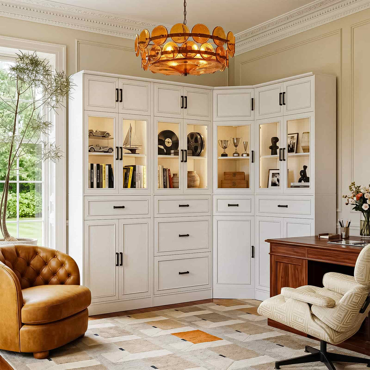 80" Tall Corner Cabinet with Glass Doors and Adjustable Shelves | Large Mordern Farmhouse Corner Pantry Cabinet