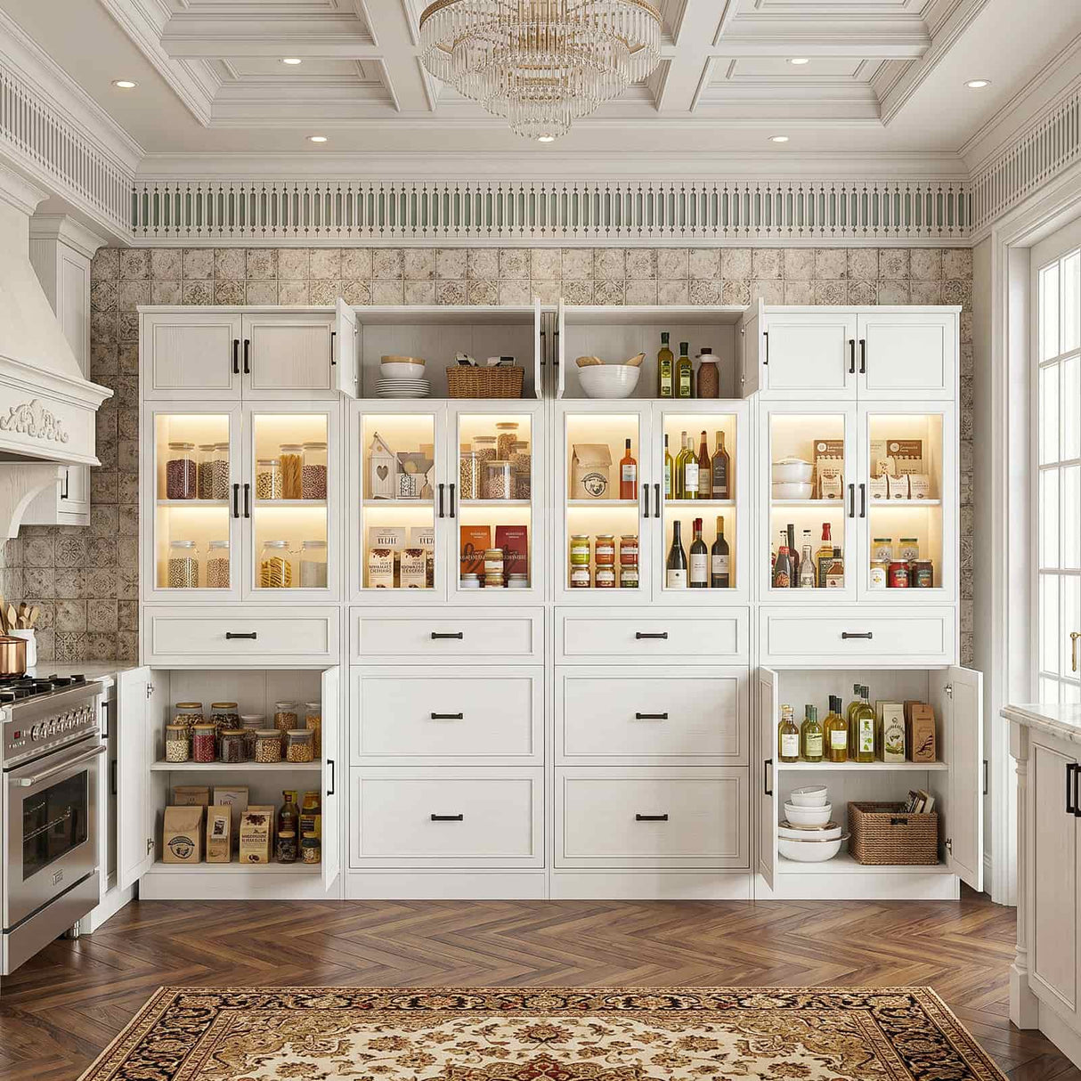 80" Tall Modular Kitchen Pantry Cabinet with Glass Door and Drawers | Large Morden Farmhouse Storage Cabinet