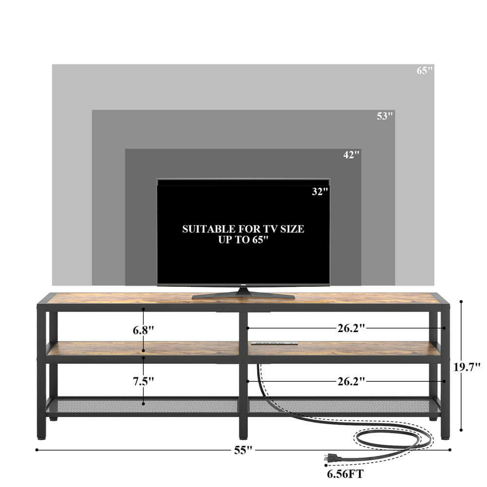 Unikito TV Stand for 60 65 Inch TV, Two-Color Long Entertainment Center TV Console Table with Power Outlet, Industrial 55" TV Cabinet with Open Storage Shelves for Living Room