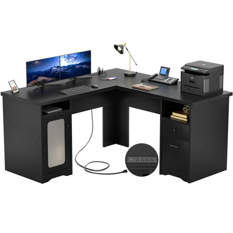 Unikito L Shaped Office Desk with Drawers, 60 Inch Corner Desk with Power Outlet and USB Charging Ports, Large Computer Desk with File Cabinets, Executive Desk with Storage Cabinet