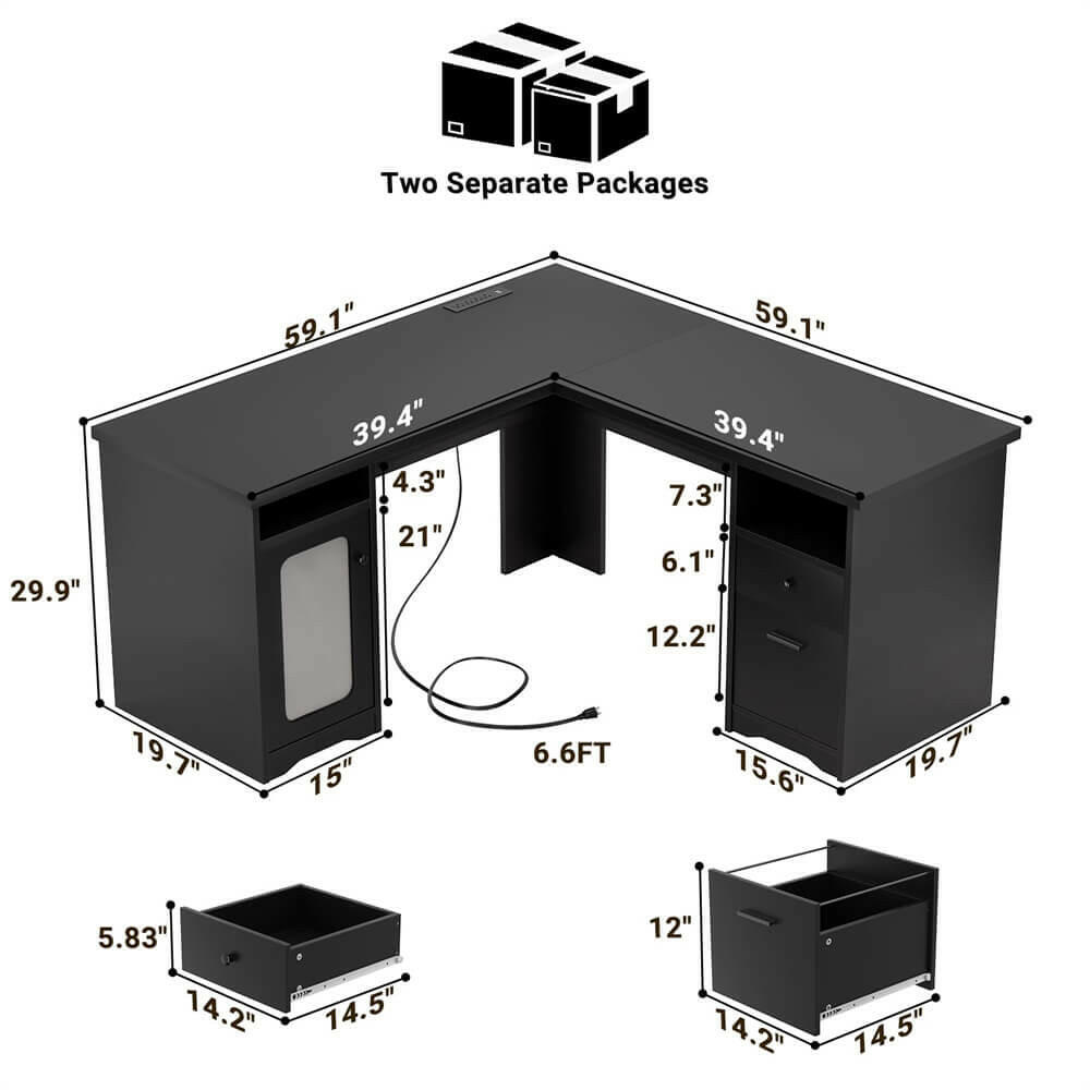 Unikito L Shaped Office Desk with Drawers, 60 Inch Corner Desk with Power Outlet and USB Charging Ports, Large Computer Desk with File Cabinets, Executive Desk with Storage Cabinet