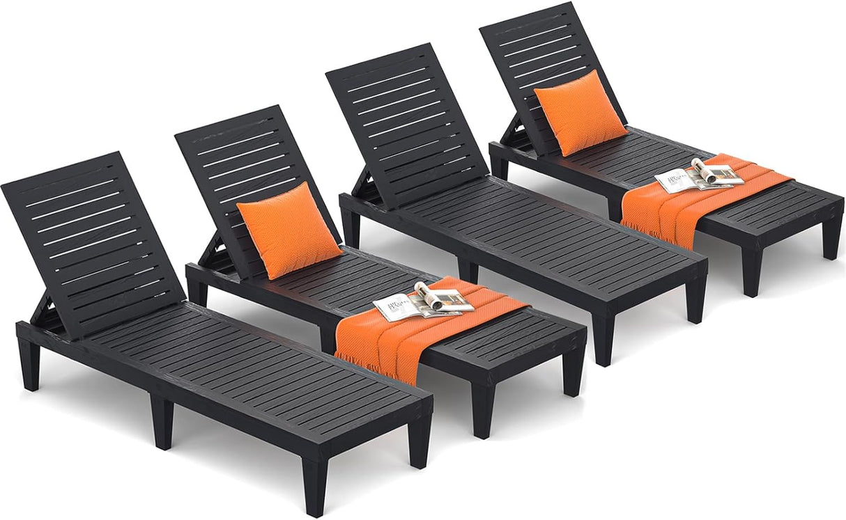 Unikito Black Outdoor Chaise Lounge Chair Set of 2 for Poolside Patio, Water-Resistant Tanning Chair Recliner with Adjustable Backrest, Resin Sun Lounger for Outside Deck, Pool, Beach, Sunbathing