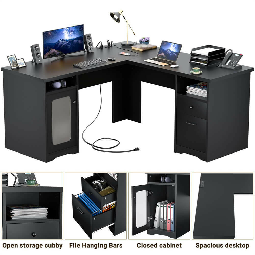 Unikito L Shaped Office Desk with Drawers, 60 Inch Corner Desk with Power Outlet and USB Charging Ports, Large Computer Desk with File Cabinets, Executive Desk with Storage Cabinet