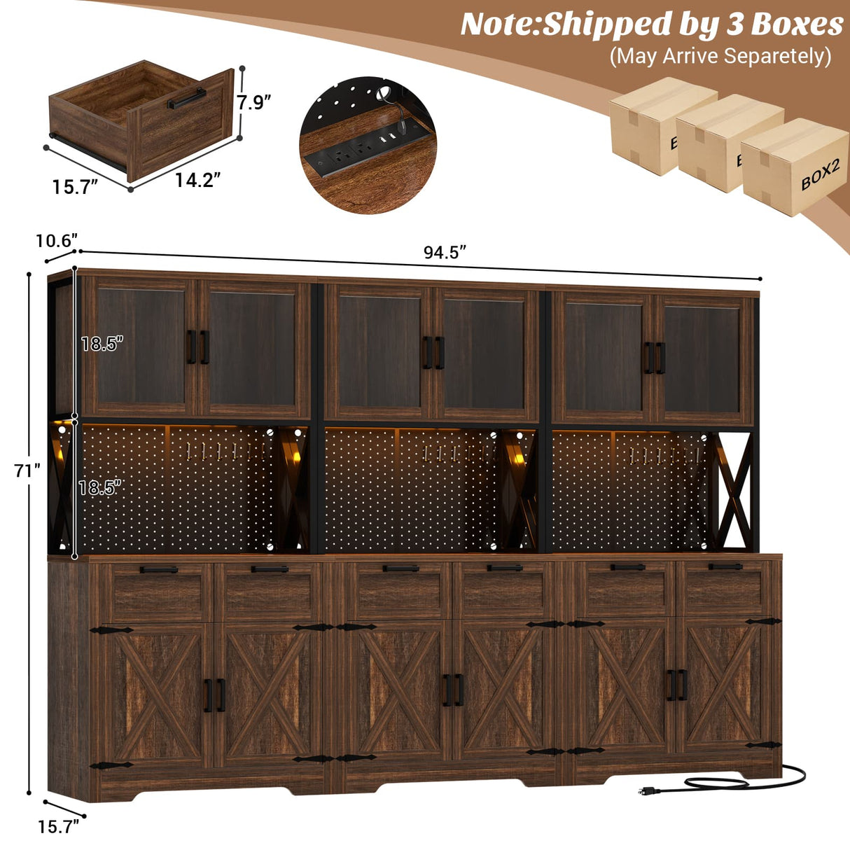 94.5" Wide Kitchen Pantry Cabinet with 3 Power Outlets & LED Light, 71" Tall Large Kitchen Hutch with Countertop, DIY Pegboard with 18 Hooks & 6 Drawers, Farmhouse Food Pantry