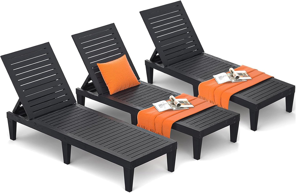 Unikito Black Outdoor Chaise Lounge Chair Set of 2 for Poolside Patio, Water-Resistant Tanning Chair Recliner with Adjustable Backrest, Resin Sun Lounger for Outside Deck, Pool, Beach, Sunbathing