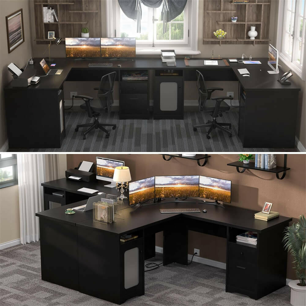 Unikito L Shaped Office Desk with Drawers, 60 Inch Corner Desk with Power Outlet and USB Charging Ports, Large Computer Desk with File Cabinets, Executive Desk with Storage Cabinet