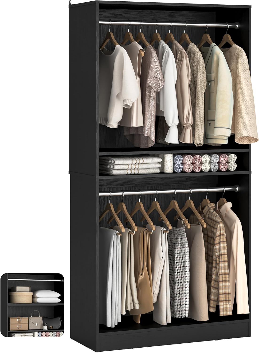 36'' Freestanding Closet System with 2 Hanging Rods & Adjustable Shelve