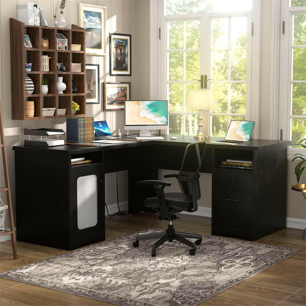 Unikito L Shaped Office Desk with Drawers, 60 Inch Corner Desk with Power Outlet and USB Charging Ports, Large Computer Desk with File Cabinets, Executive Desk with Storage Cabinet