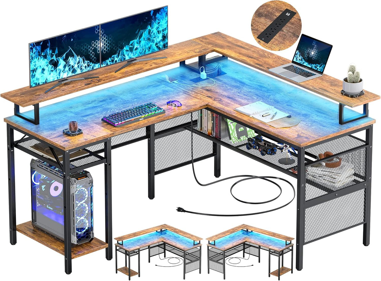 Unikito Reversible L Shaped Desk, Cool 55 Inch Corner Computer Desk with Smart Strip Light and Magic Power Outlet, Sturdy Office Table with Monitor Stand and Shelf, Elegant Grid Design