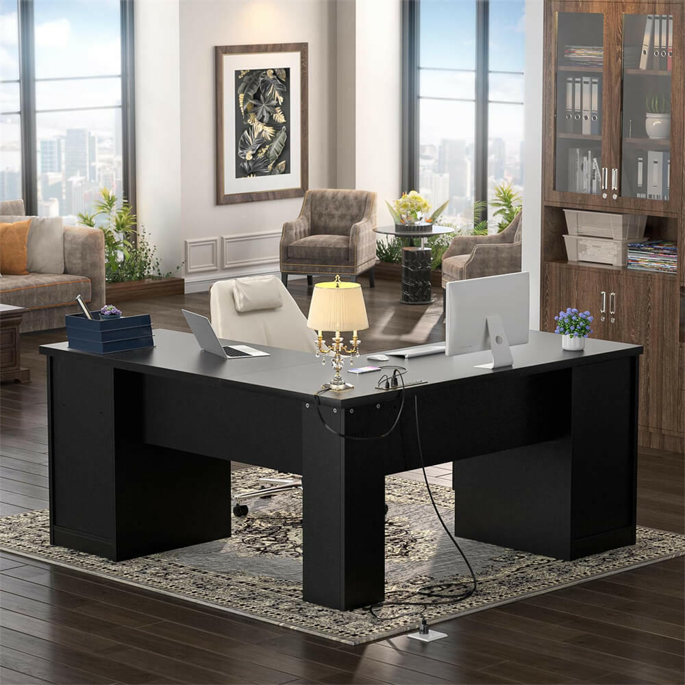 Unikito L Shaped Office Desk with Drawers, 60 Inch Corner Desk with Power Outlet and USB Charging Ports, Large Computer Desk with File Cabinets, Executive Desk with Storage Cabinet