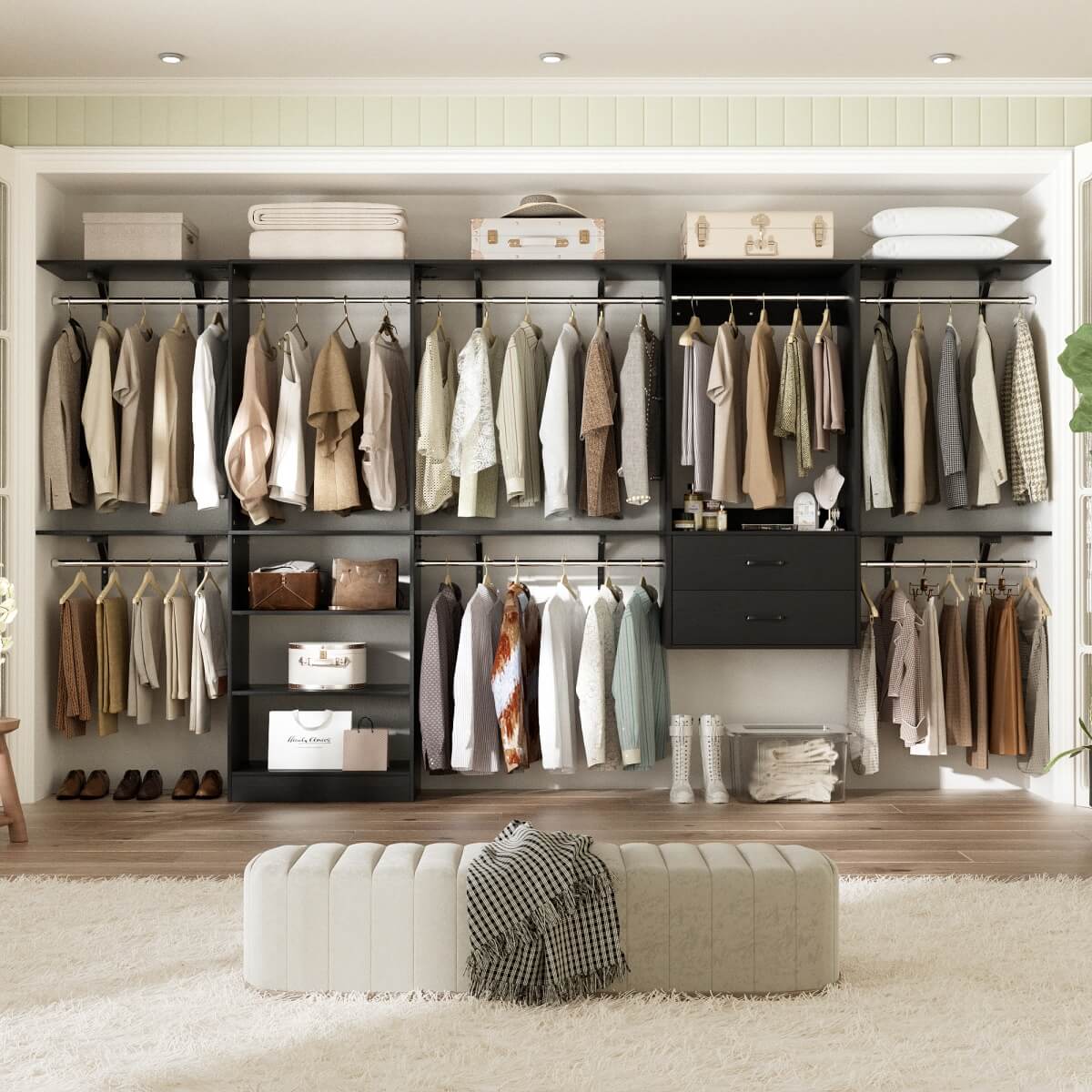 Walk in Closet System with 2 Sets, with 2 Drawers & 8 Hanging Rods, Reversible Design, 154''L x 15.7''W x 75''H