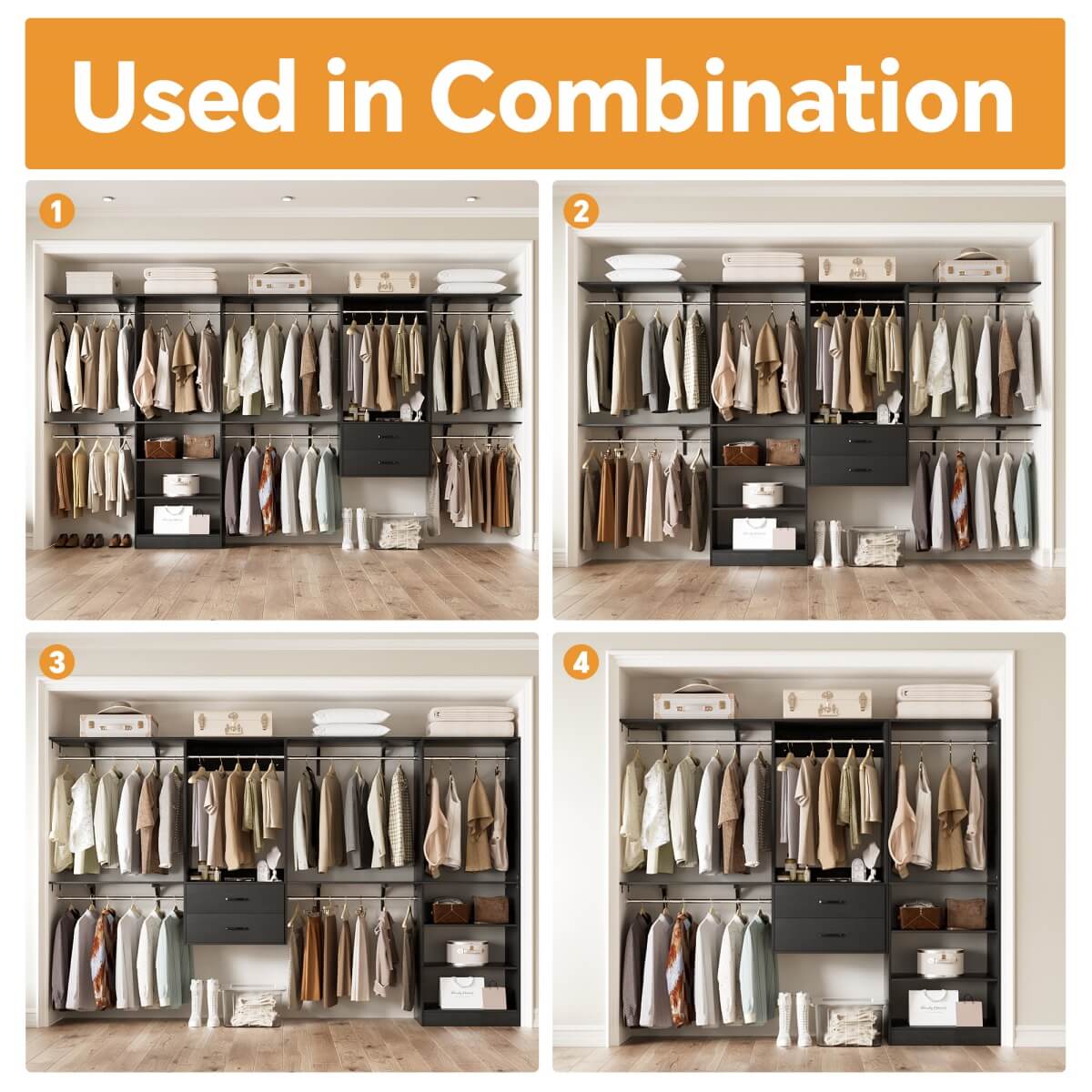 Walk in Closet System with 2 Sets, with 2 Drawers & 8 Hanging Rods, Reversible Design, 154''L x 15.7''W x 75''H