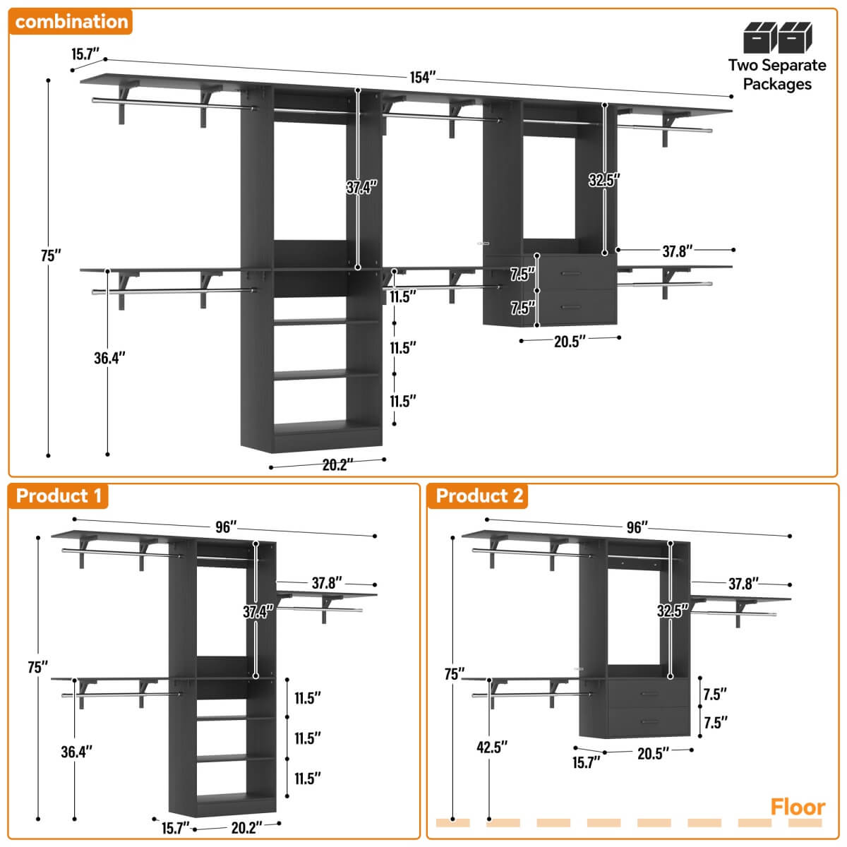 Walk in Closet System with 2 Sets, with 2 Drawers & 8 Hanging Rods, Reversible Design, 154''L x 15.7''W x 75''H