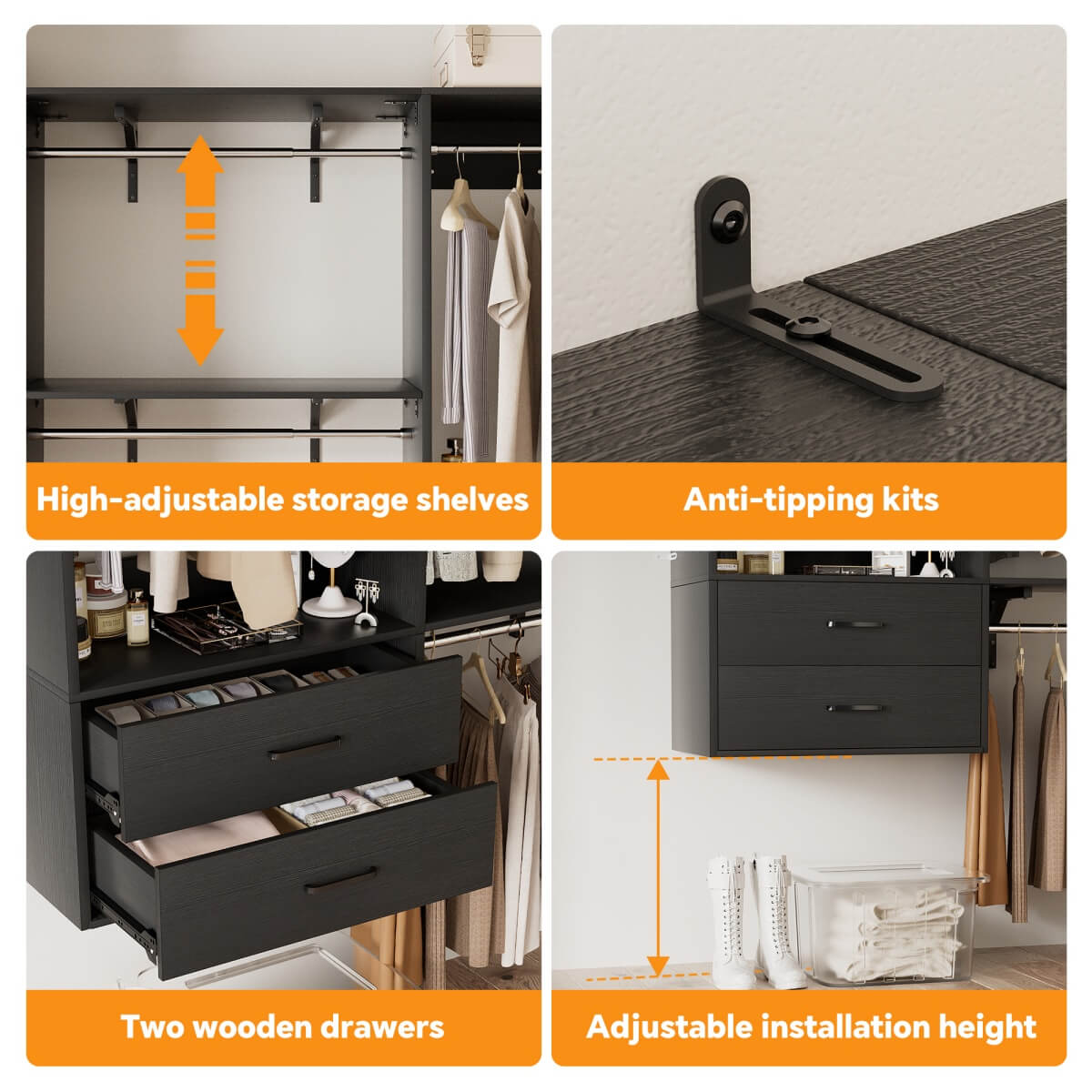 Walk in Closet System with 2 Sets, with 2 Drawers & 8 Hanging Rods, Reversible Design, 154''L x 15.7''W x 75''H