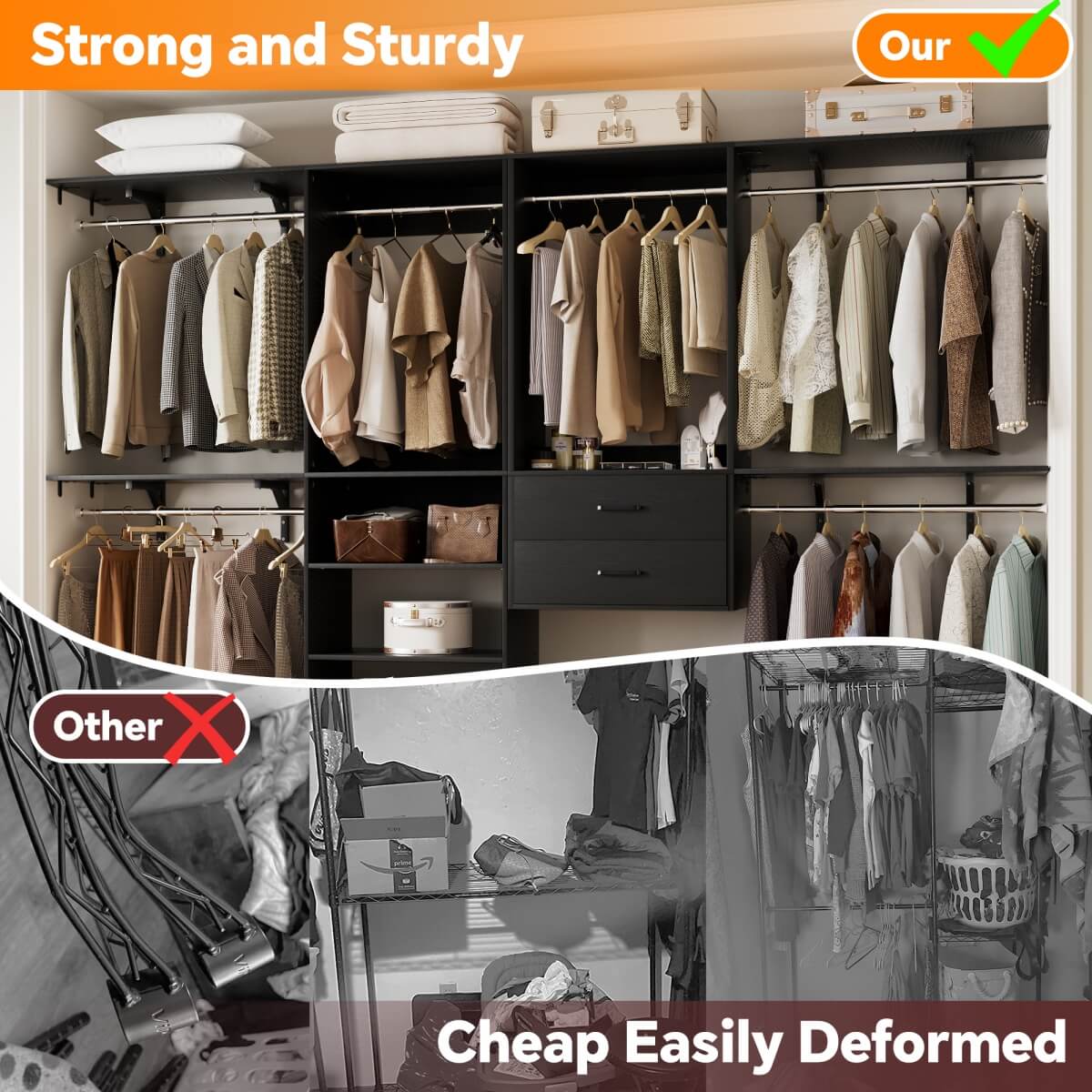 Walk in Closet System with 2 Sets, with 2 Drawers & 8 Hanging Rods, Reversible Design, 154''L x 15.7''W x 75''H