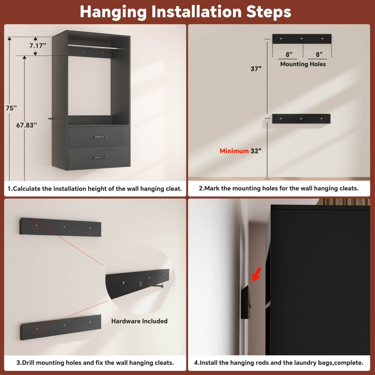 Walk in Closet System with 2 Sets, with 2 Drawers & 8 Hanging Rods, Reversible Design, 154''L x 15.7''W x 75''H