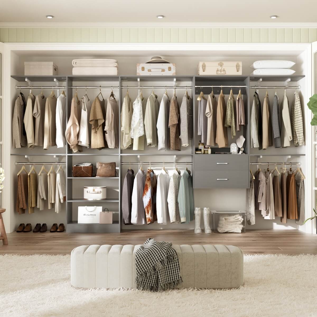 Walk in Closet System with 2 Sets, with 2 Drawers & 8 Hanging Rods, Reversible Design, 154''L x 15.7''W x 75''H