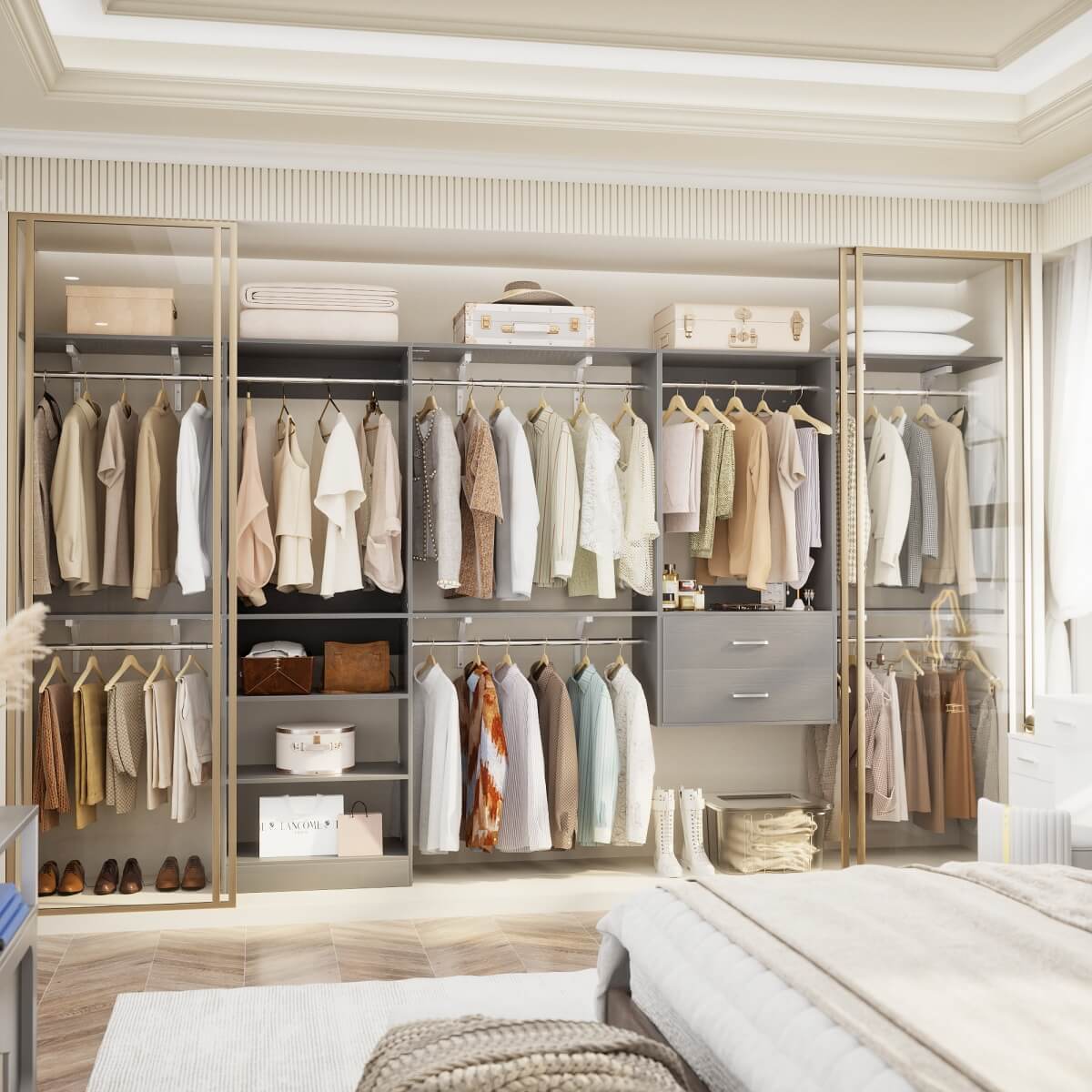 Walk in Closet System with 2 Sets, with 2 Drawers & 8 Hanging Rods, Reversible Design, 154''L x 15.7''W x 75''H